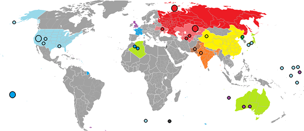Map Of Important Nuclear Test Sites In The World - Nuclear Fallout Global Patterns (615x265), Png Download