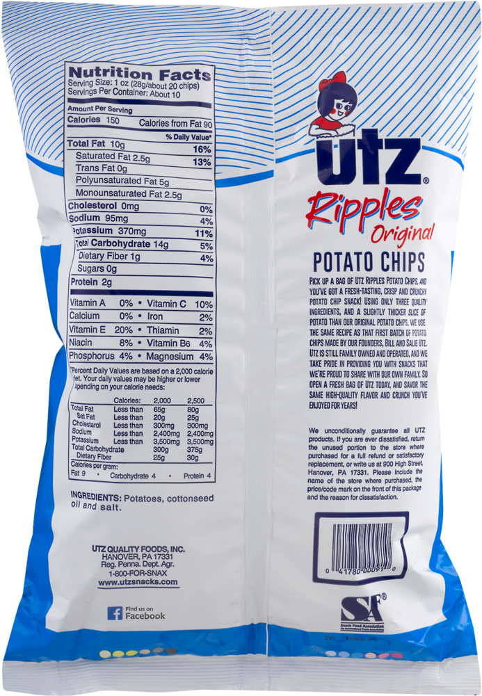 Utz Potato Chips, Ripples Original - Utz Quality Foods Inc. Utz Ripple Potato Chips, 20 (1000x1000), Png Download
