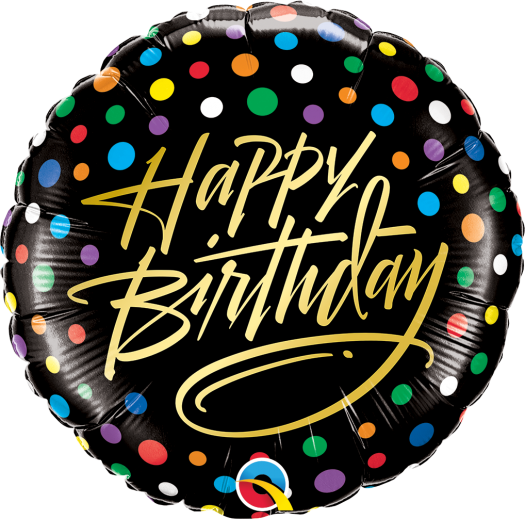 18" Black Round In Gold Wording And Polka Dot Foil - Birthday Balloons (525x519), Png Download