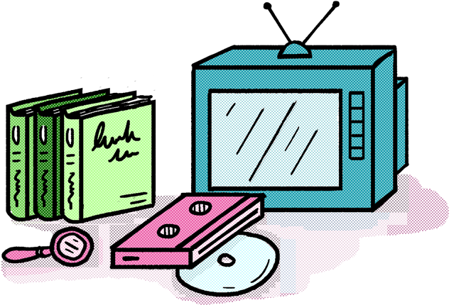A Drawn Image Of A Tv, Three Books, Vhs Tape, Cd, And - Television (1000x500), Png Download