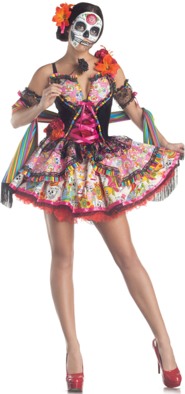 Day Of The Dead Costume Includes Colorful Skull Print (500x793), Png Download