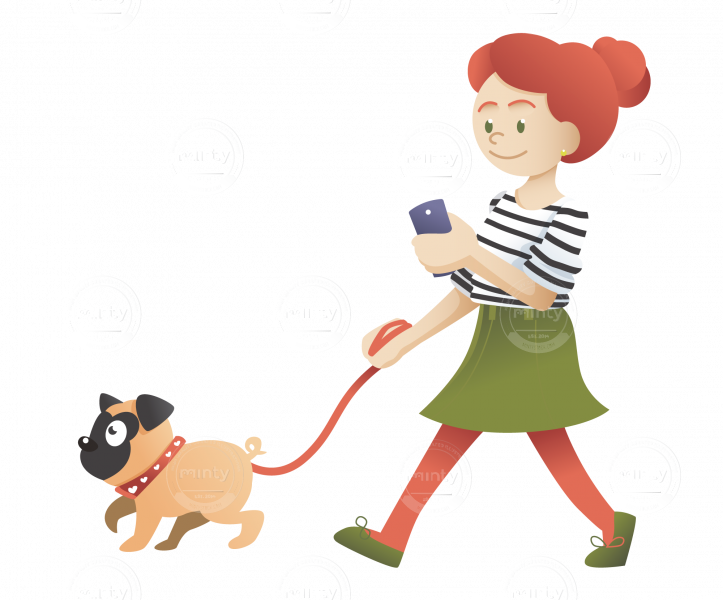 A Redhead Girl Walking With Her Pug And Checking Her - Cartoon Girl Walking Png (723x600), Png Download