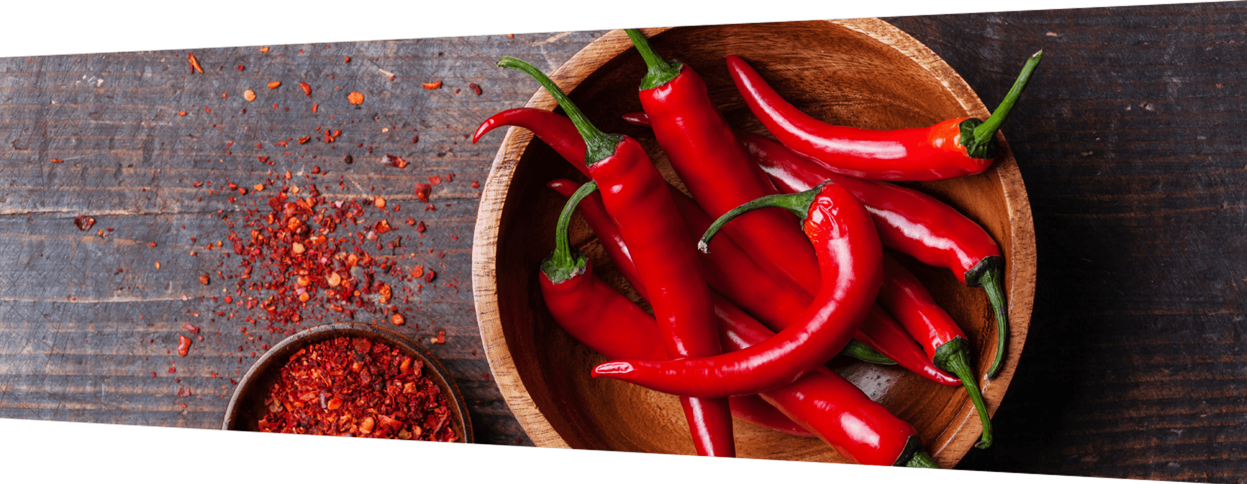 Image Of Red Chili Peppers In A Wood Bowl And Chili - Chili Pepper (2516x978), Png Download