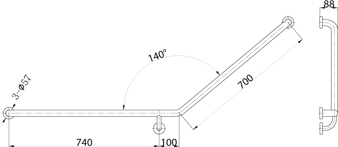 Mobi Grab Rail Left Hand 840mm X 700mm X 140 Degree (1200x900), Png Download