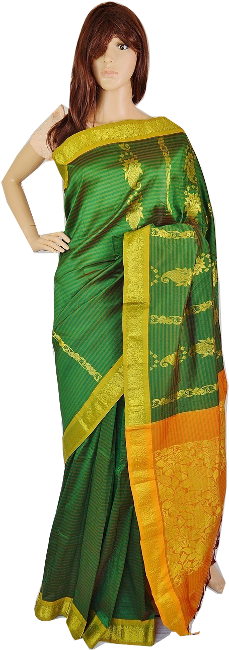 Gorgeous Green & Gold Stripe Silk Saree (499x1299), Png Download