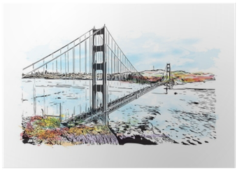 Watercolor Splash With Sketch Of Golden Gate, San Francisco, - Golden Gate Water Color (400x400), Png Download