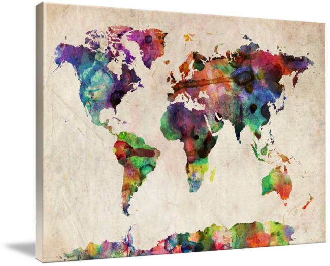 "world Map Urban Watercolor" By Michael Tompsett - World Map Watercolor (650x525), Png Download