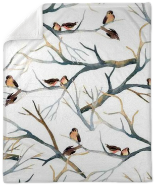 Watercolor Birds On The Tree Branches Plush Blanket - Birds In Branches (400x400), Png Download
