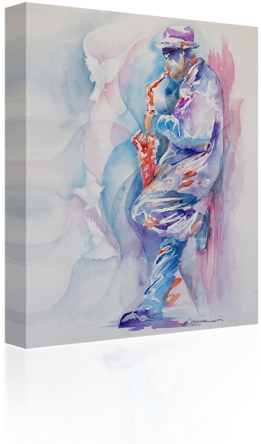 Sax By The Wall - Watercolour Painting Saxophone Player (480x480), Png Download