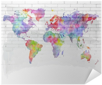 Watercolor World Map On A Brick Wall Poster • Pixers® - Map Of The World Black (400x400), Png Download