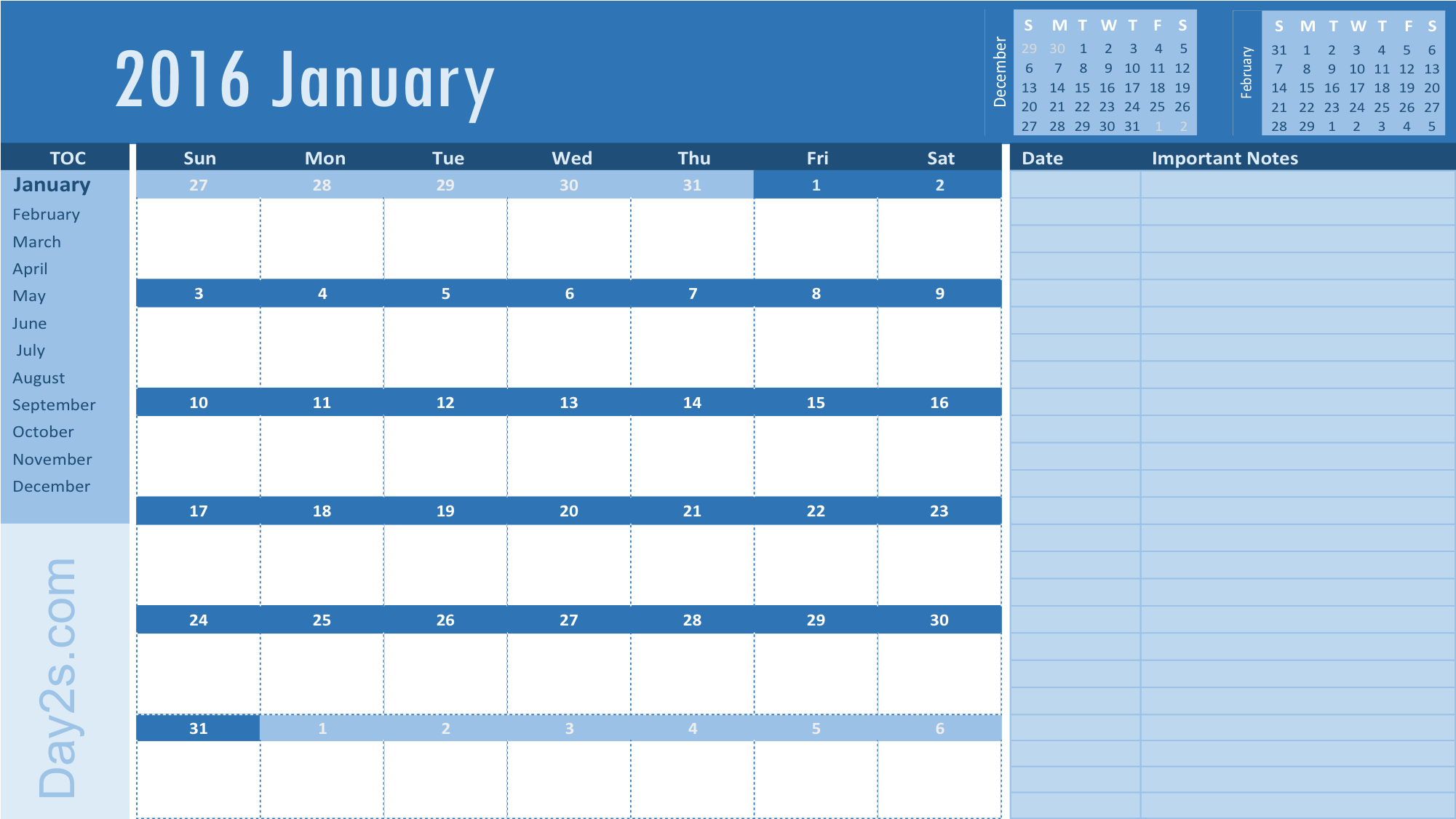 2016 Yearly Calendar - Template (2000x1140), Png Download