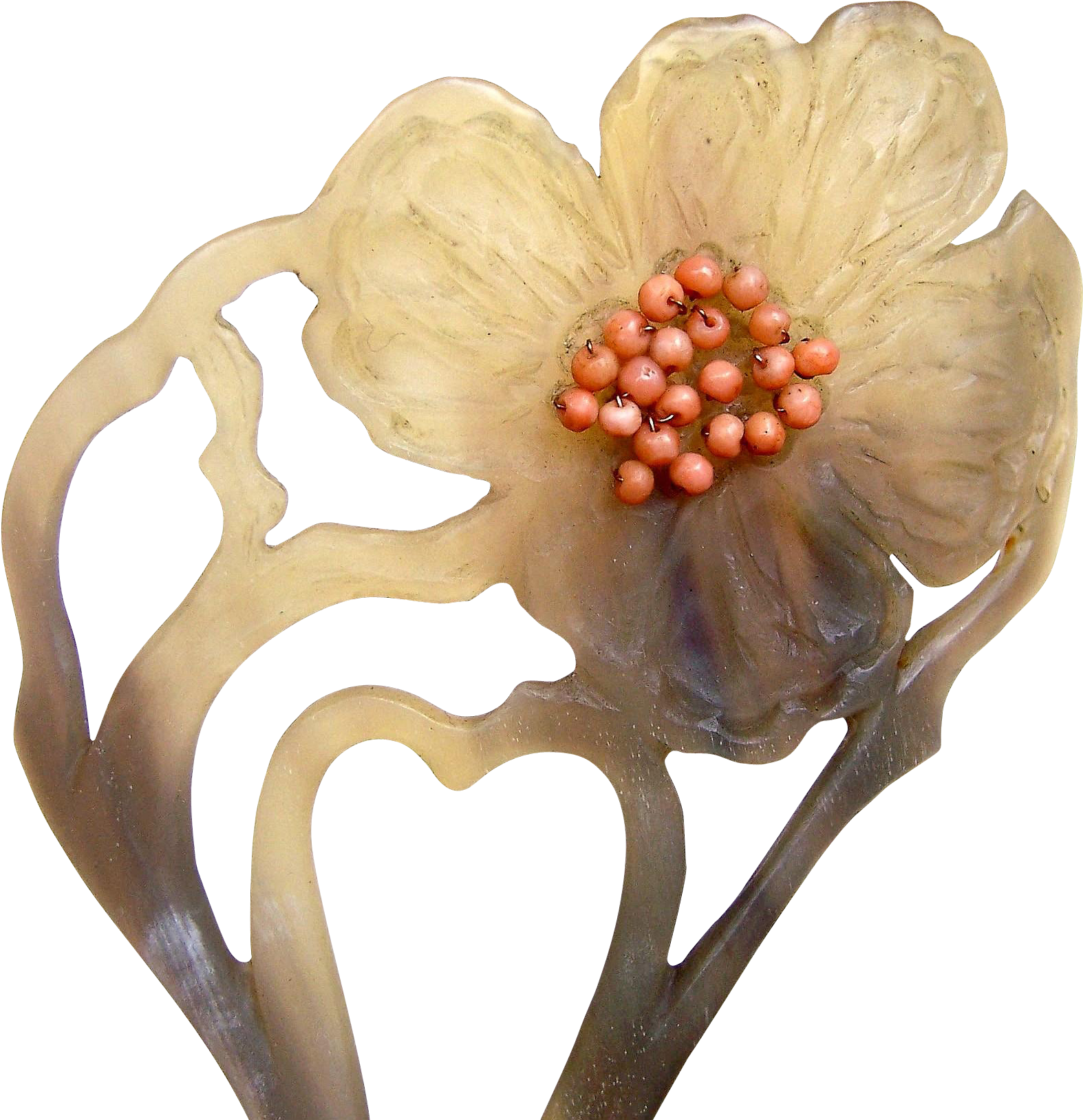 Art Nouveau Hair Comb Carved Painted Horn Coral Flower (1627x1627), Png Download