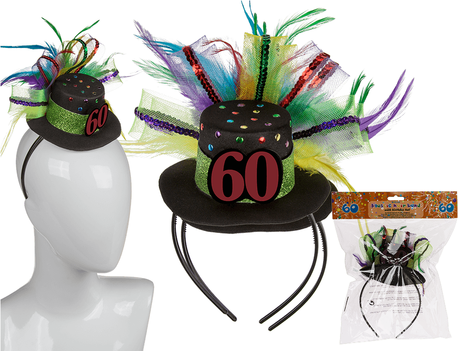 Diadema De Plástico Con Gorro De Cumpleaños 60 Y Plumas (945x709), Png Download