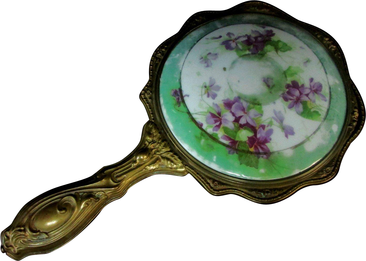Antique Hand Held Porcelain Mirror Gold-tone Over Copper (1404x1404), Png Download