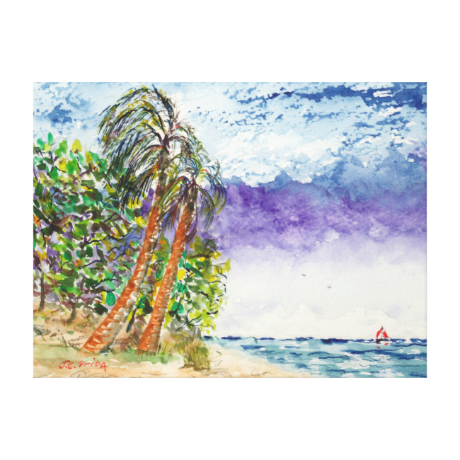 Lone Sail Boat & Palm Trees North Carolina Beach Stretched - Canvas (650x650), Png Download