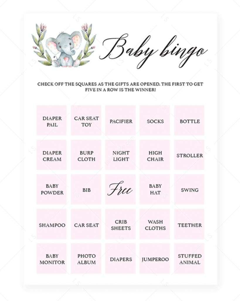 Pink Elephant Shower Baby Bingo Cards By Littlesizzle (819x1024), Png Download