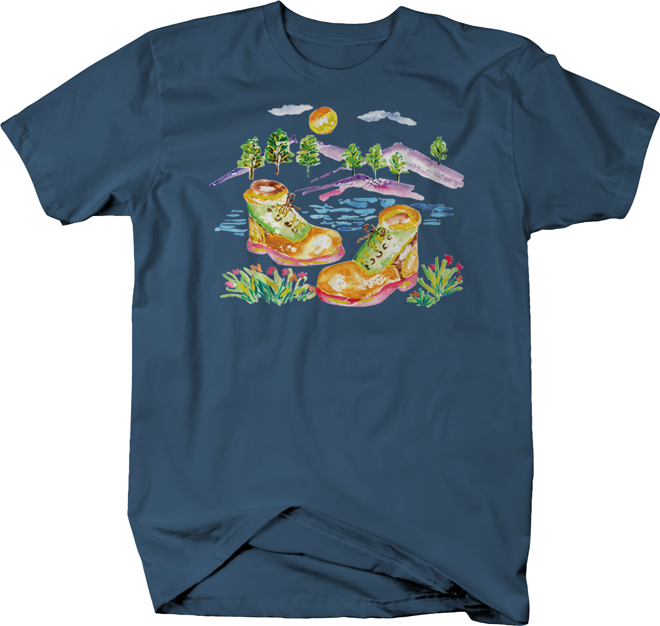 Watercolor Work Boots Hills Trees Sun Flowers Water - Shirts By Sarah Men's American Made Football Beer T-shirts (1295x1229), Png Download