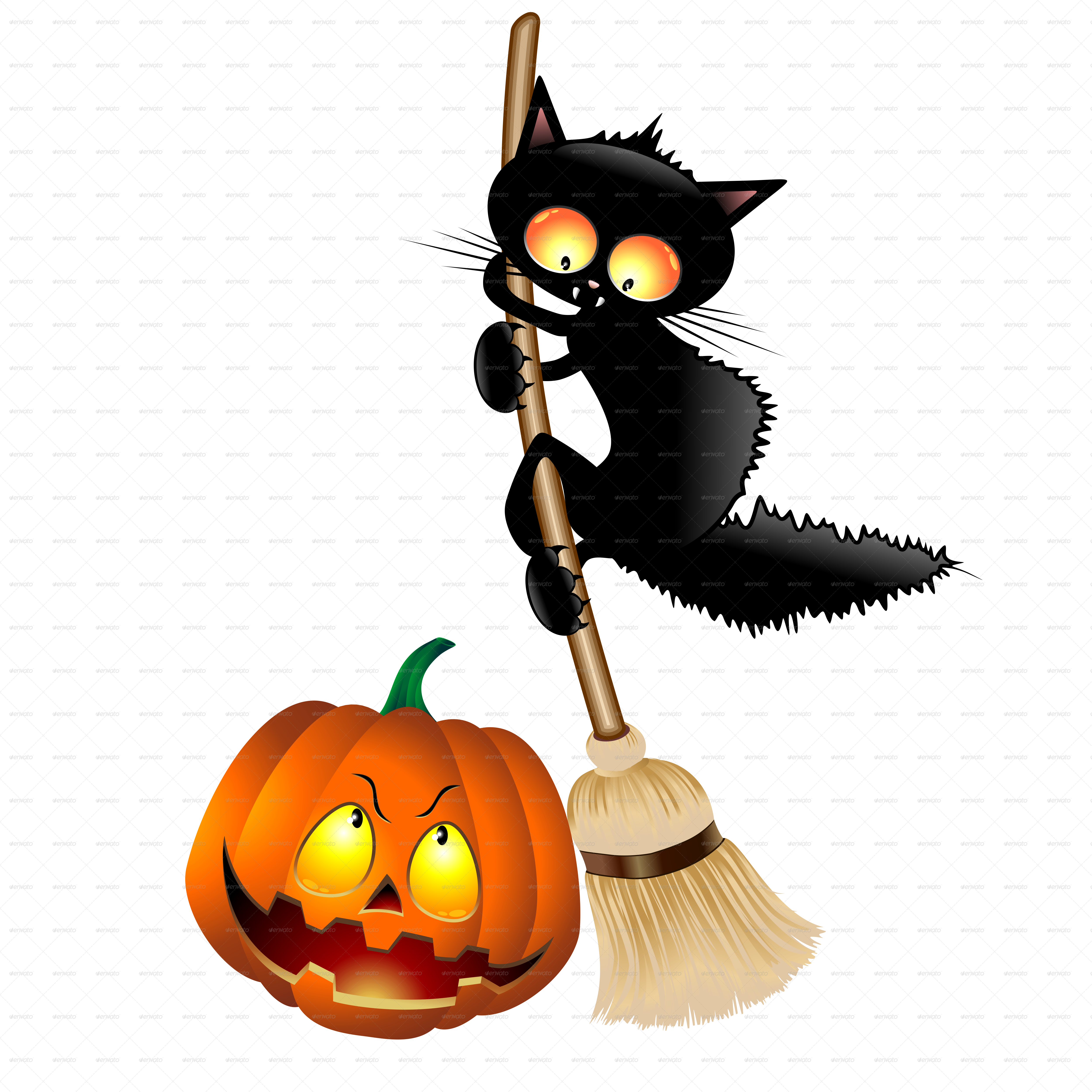 Cartoon Cat On Witch Broom-png - Cartoon Halloween Cat Png (5000x5000), Png Download