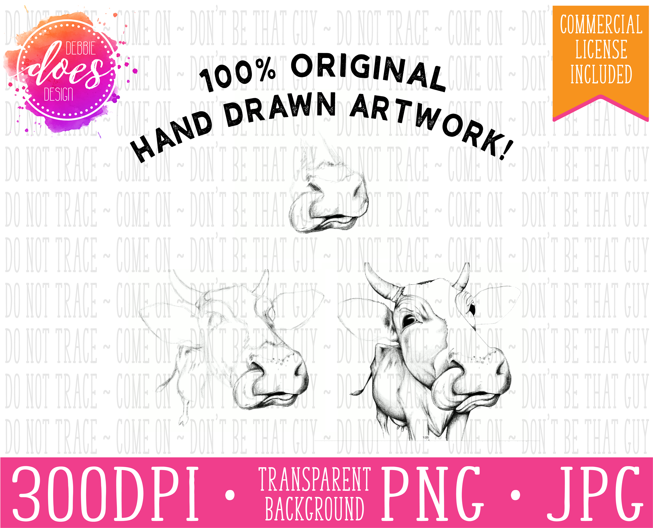 Female/heifer Hand Drawn Cow With Horns And Tongue (3000x2000), Png Download