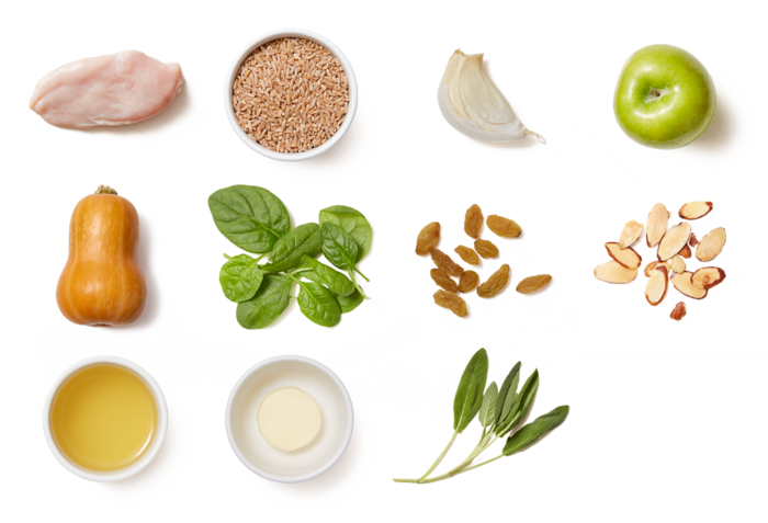 Seared Chicken & Farro With Honeynut Squash & Apple-almond (700x477), Png Download