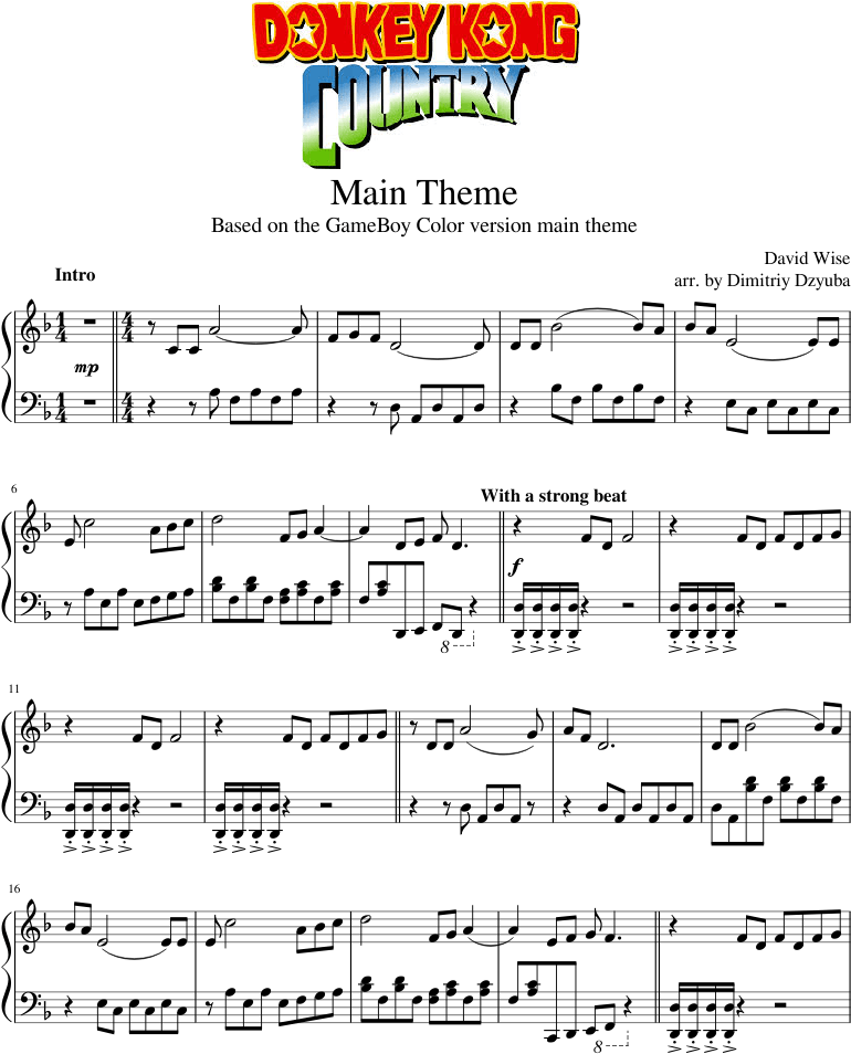Donkey Kong Country Gbc Main Theme Sheet Music For (850x1100), Png Download