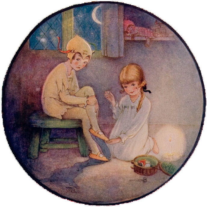 Roundel-shaped Color Illustration Showing Wendy Sewing - Peter Pan Necklace, Peter Pan Jewelry, Peter Pan And (724x761), Png Download