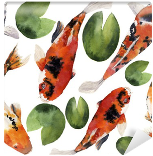 Watercolor Oriental Rainbow Carp With Water Lily Seamless - Watercolor Painting (400x400), Png Download