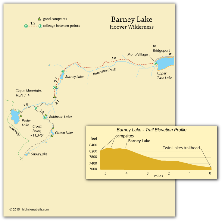 Map Of Trail To Barney Lake, Hoover Wilderness, Ca (737x733), Png Download