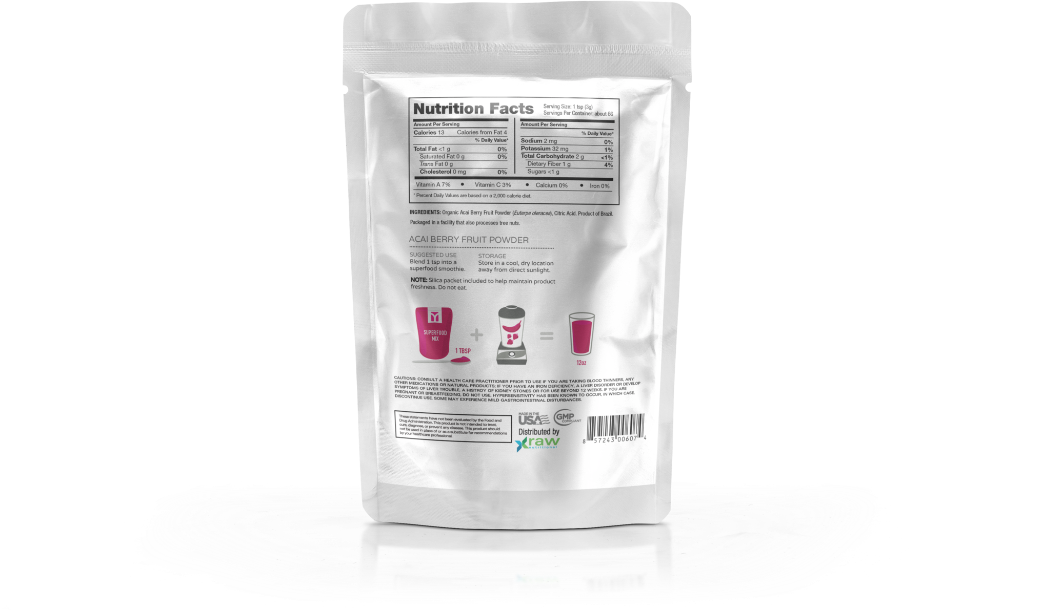 Raw Nutritional Pure Acai Powder Pouch Back View With (2047x1382), Png Download