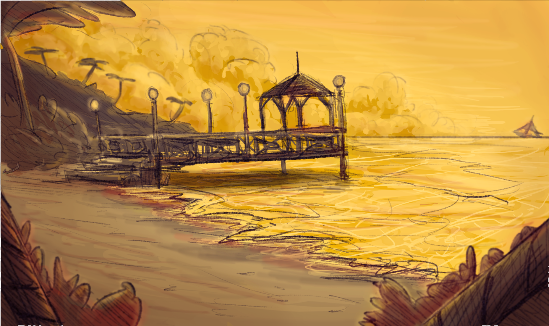 Beach - Painting (2192x1253), Png Download