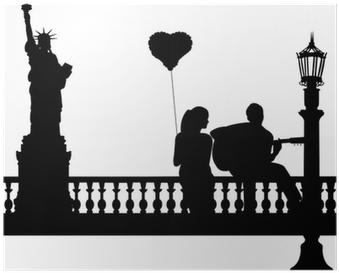 Couple In Love Where A Guy Plays Guitar In New York - Statue Of Liberty Silhouette (400x400), Png Download