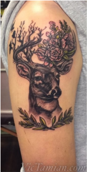 Deer Buck Hunt Nature Antler Flower Flowers Birds Lifeanddeath - Buck And Fawn Tattoo (450x340), Png Download