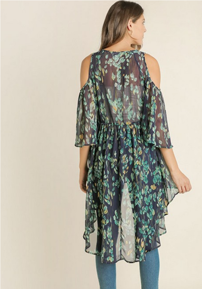 Navy Feather Print Cold Shoulder Duster - Day Dress (966x966), Png Download