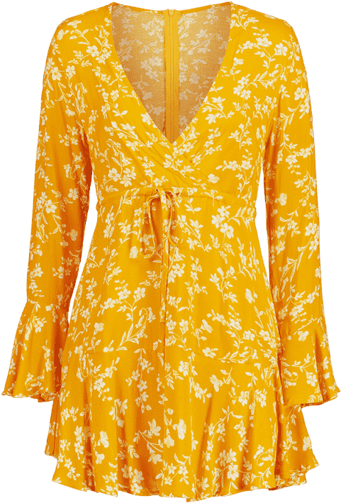 Surplice Floral Flare Sleeve Dress - Day Dress (558x744), Png Download