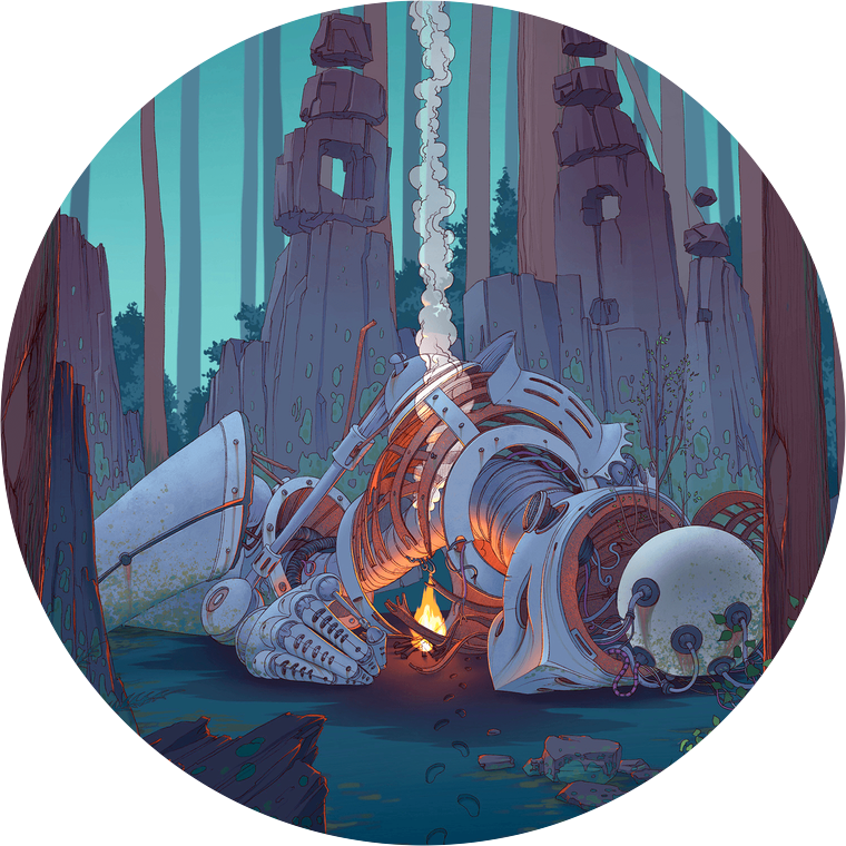A Decaying Body Of A Giant Robot Lying Surrounded By - Illustration (760x760), Png Download