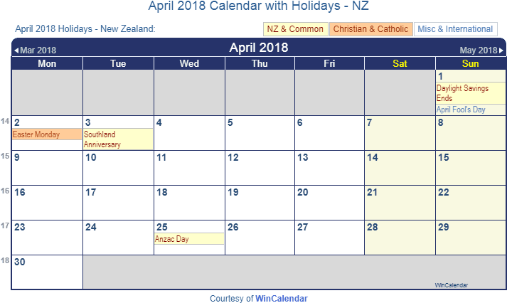April 2018 Calendar With Nz Holidays To Print - April 2019 Calendar Australia (720x438), Png Download