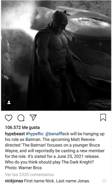El Comentario De Nick Jonas A La Publicación De Hypebeast - Ben Affleck Batman Car (650x638), Png Download
