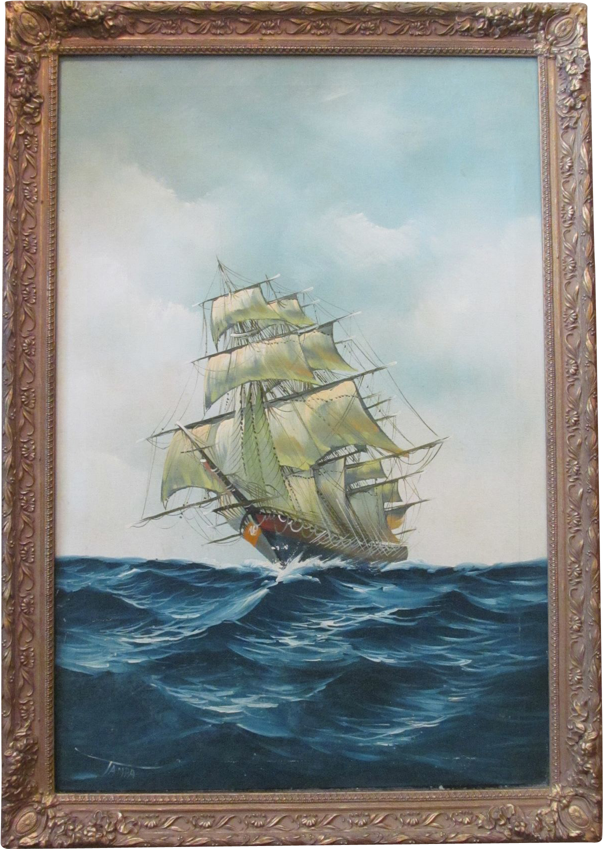 Oil On Canvas Clipper Ship On The Sea Signed @rubylanecom - Ship On A Sea (1693x1693), Png Download