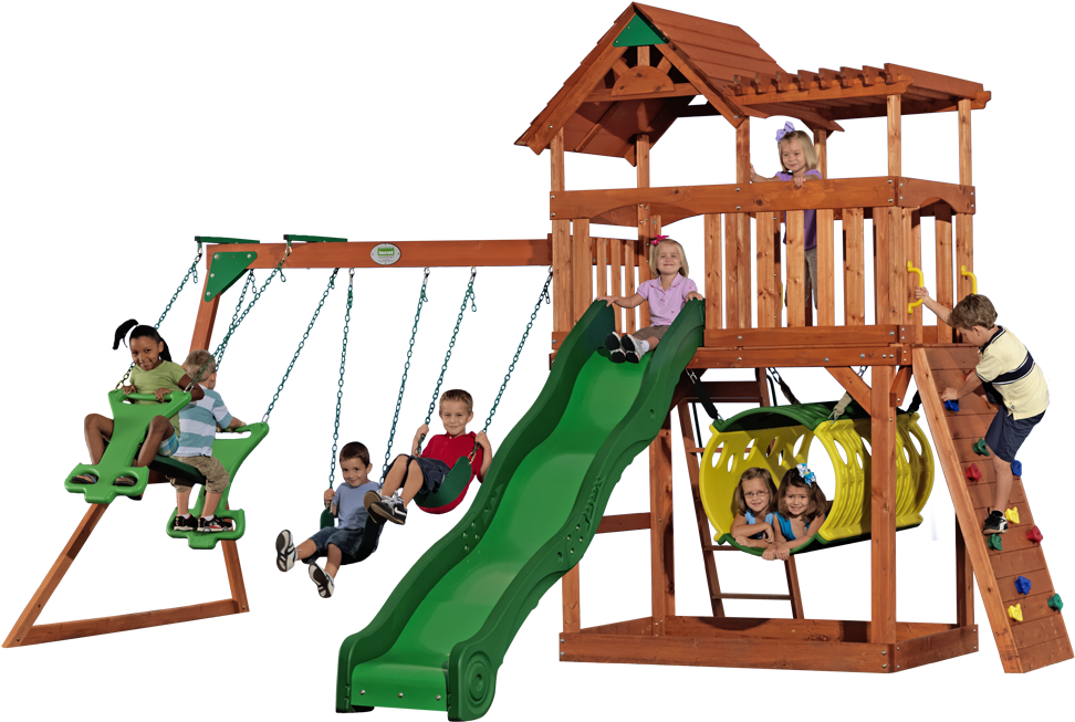 Great Swingset With Raised Fort, Wood Roof, Sun Porch, - Playground Slide (1200x680), Png Download
