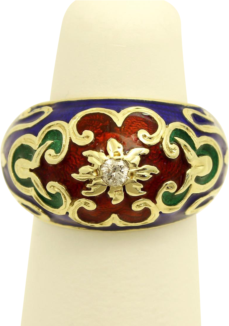 Vintage Enamel Ring With Beautiful Floral Design And - Enamel Ring Design Jewellery (1105x1105), Png Download
