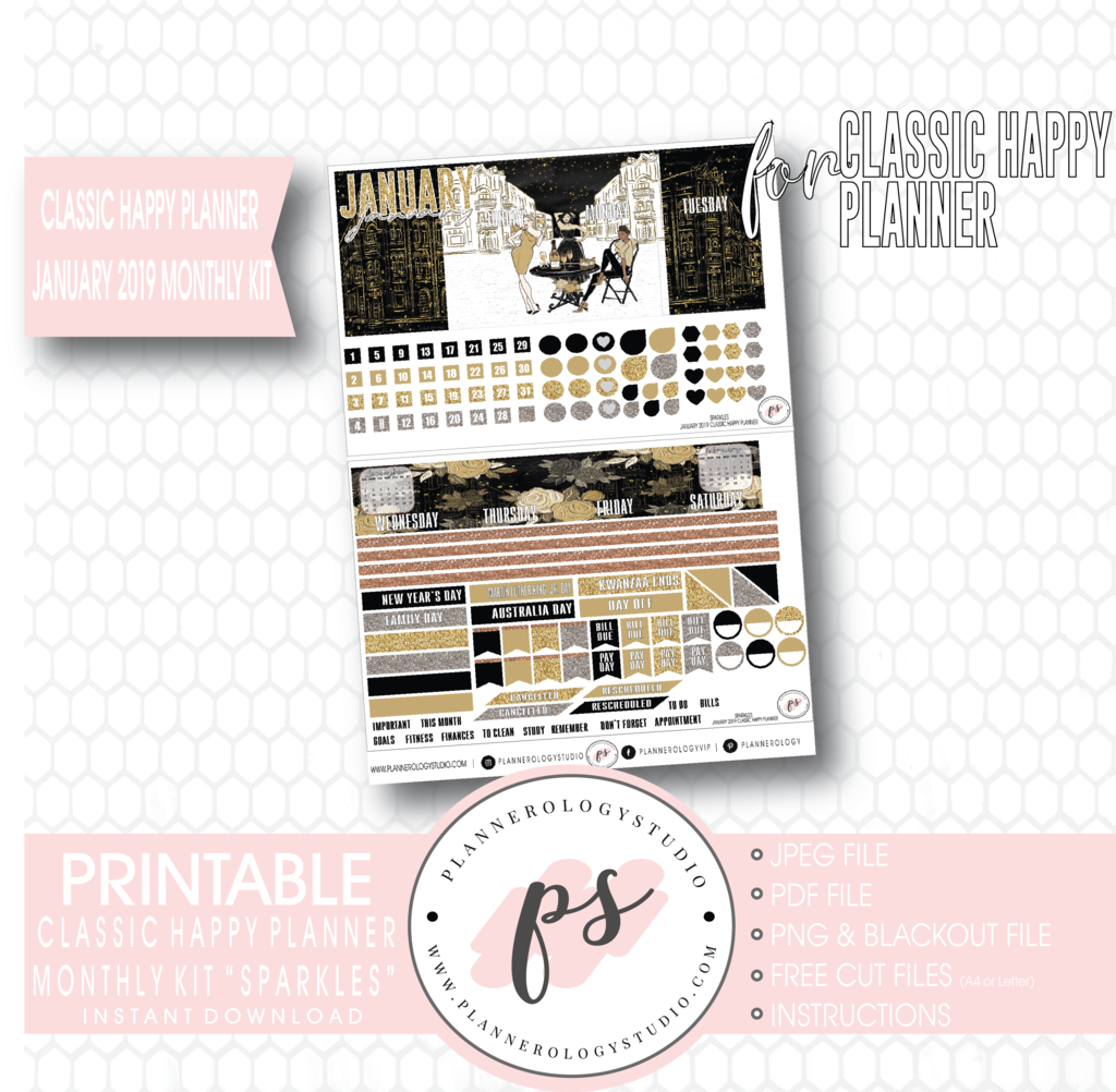 Sparkles New Years January 2019 Monthly View Kit Digital - Happy Planner January 2018 Printable (1024x1002), Png Download