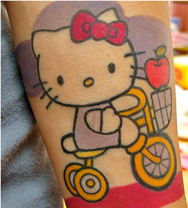 Hello Kitty On Bike Color Ink Tattoo - Hello Kitty Tattoos (400x301), Png Download