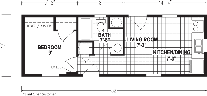 1 Bedroom Mobile Home Micro 12 X 32 384 Sqft Factory - 8 X 32 Mobile Home (880x411), Png Download