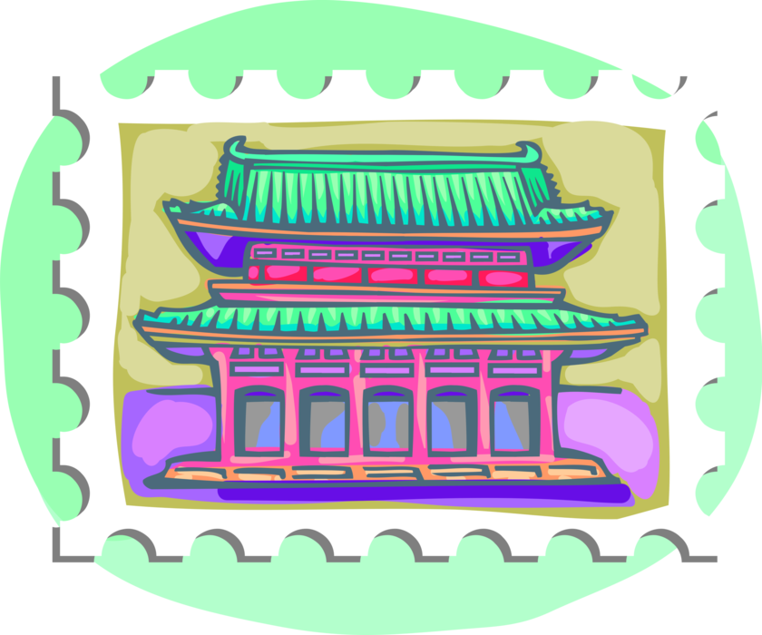 Vector Illustration Of Postage Stamp Of Chinese Pagoda (840x700), Png Download