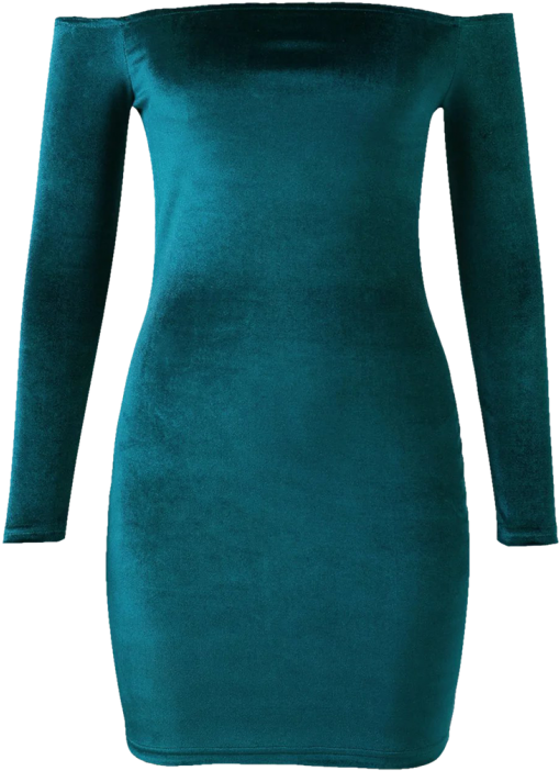 Off The Shoulder Long Sleeve Velvet Dress Lake Green - Day Dress (558x744), Png Download