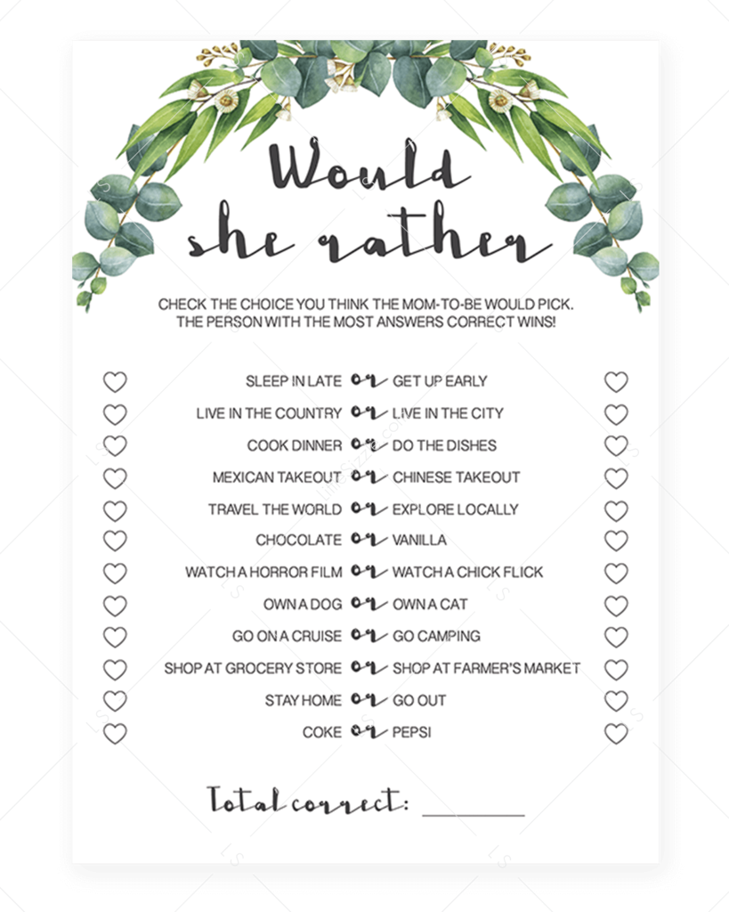 Would She Rather Baby Shower Game Gender Neutral By - Would She Rather Bridal Shower Game Free Printable (819x1024), Png Download