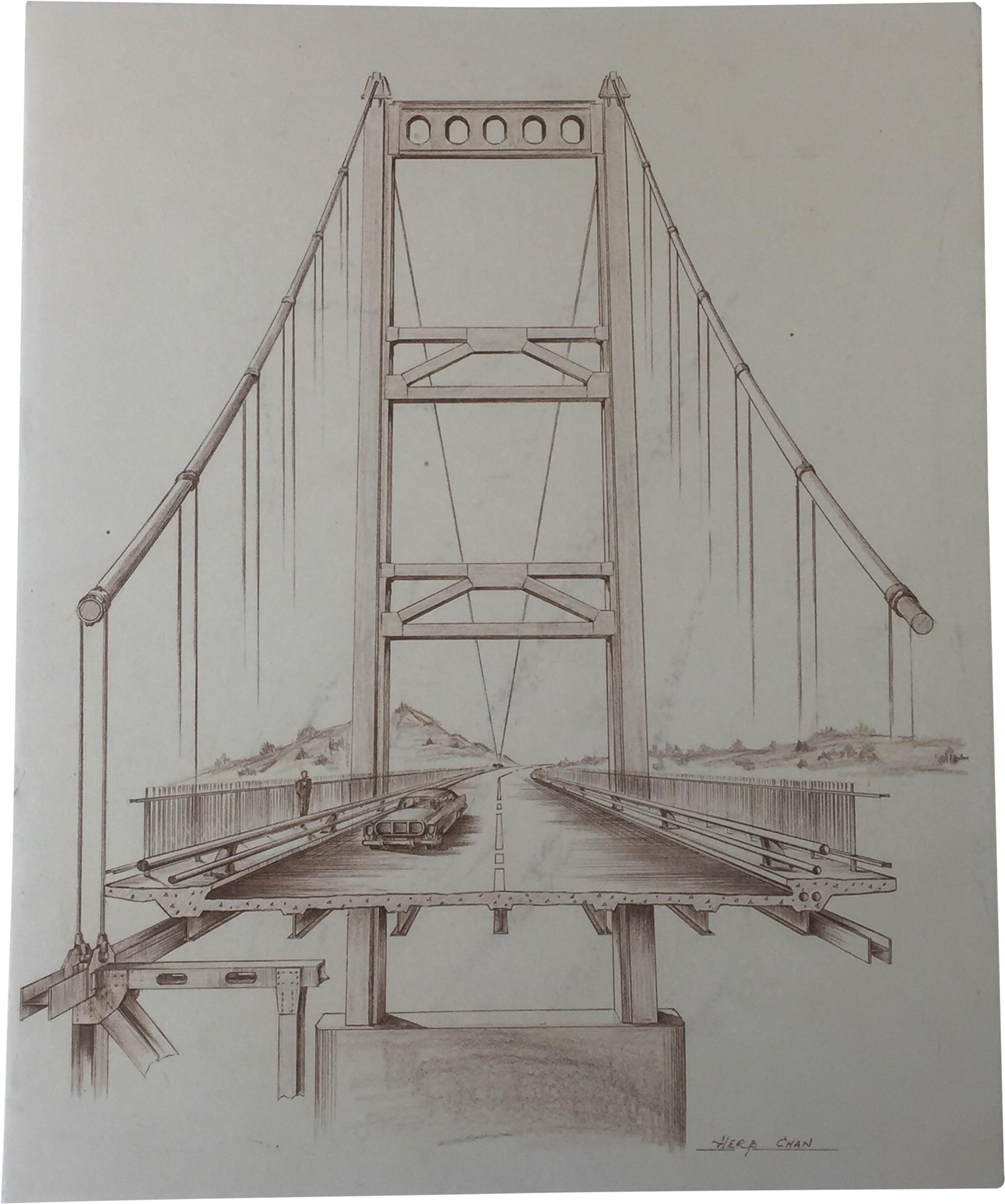 Mid Century Golden Gate Architectural Sketch Chairish - Golden Gate Dessin (2438x2921), Png Download