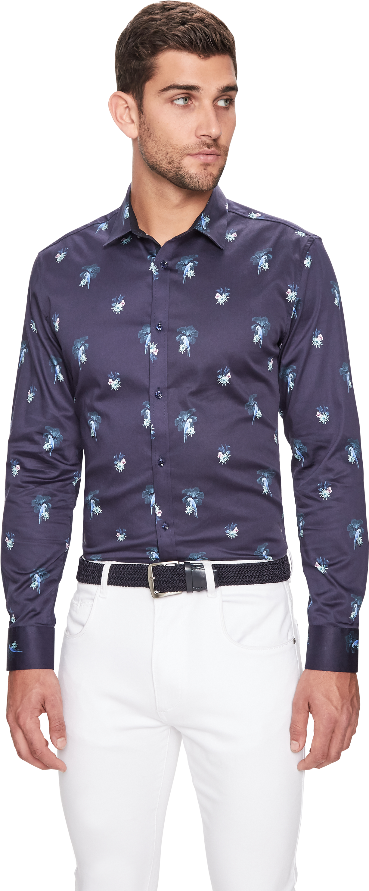 Dark Blue Parrot Floral Print Slim Fit Shirt (3000x3000), Png Download