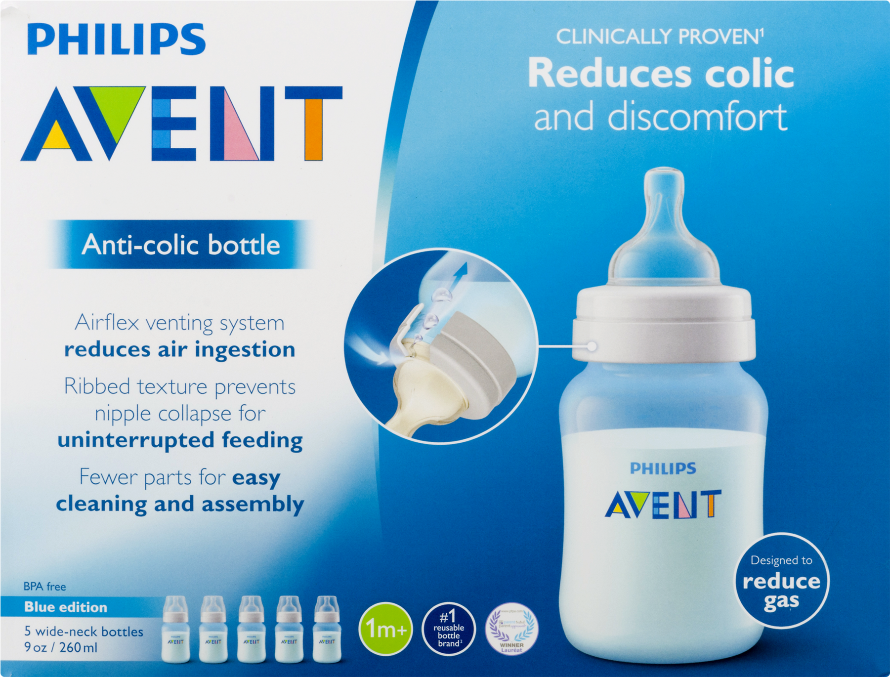 Philips Avent Anti-colic Baby Bottles Blue, 9oz, 5pk, - Philips Avent Anti Colic Bottles (1800x1800), Png Download