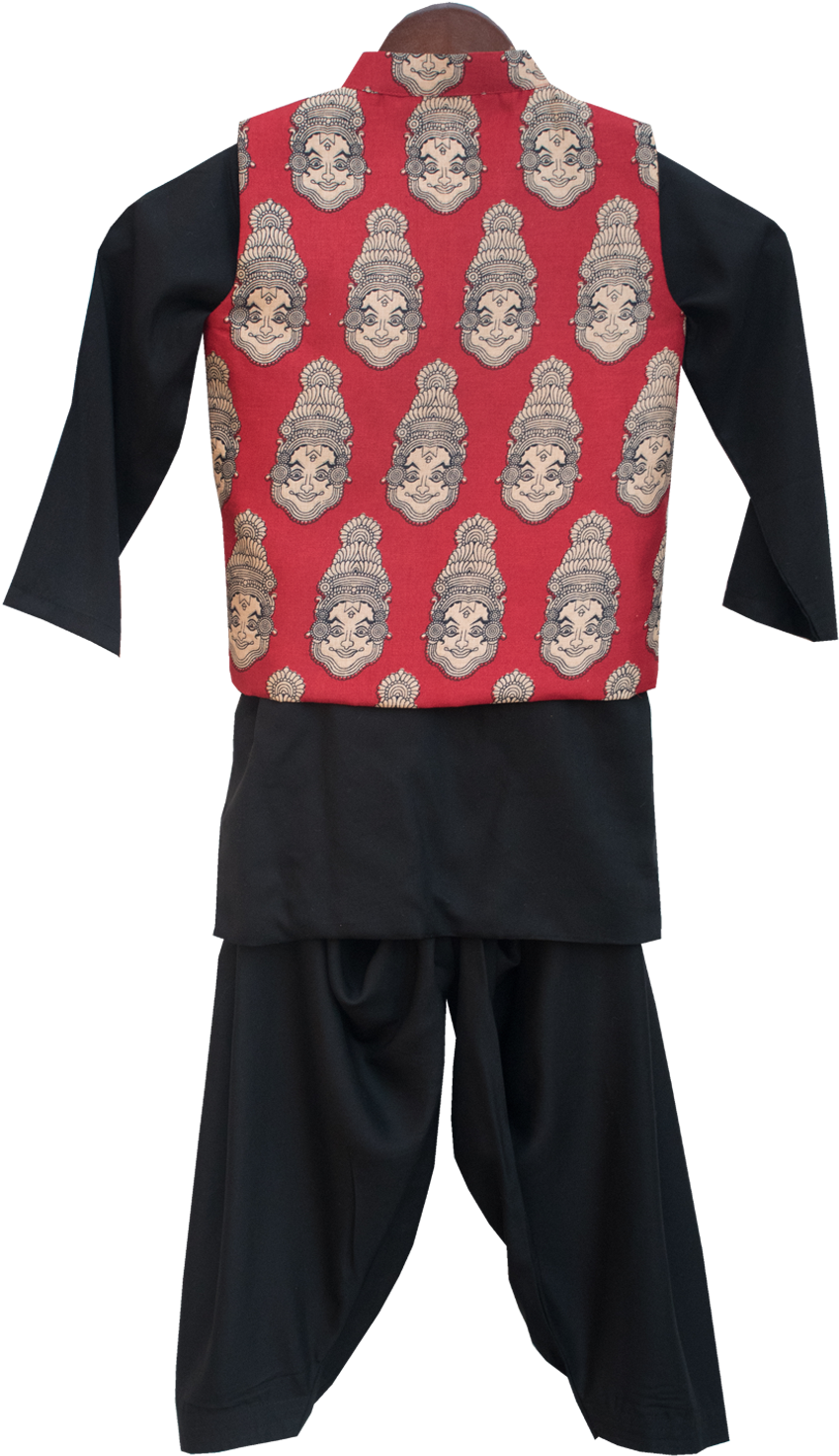 Red Printed Nehru Jacket With Black Kurta & Salwar - Costume (1008x1512), Png Download